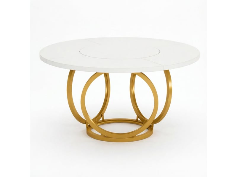  Table de salle à manger ronde pour 4 à 6 personnes avec plateau mdf et piètement acier, blanc et or, diamètre 120 cm  - Conforama A