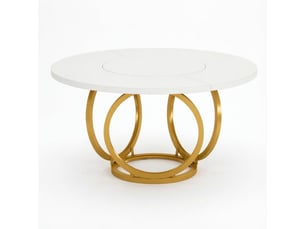 Table de salle à manger ronde pour 4 à 6 personnes avec plateau mdf et piètement acier, blanc et or, diamètre 120 cm