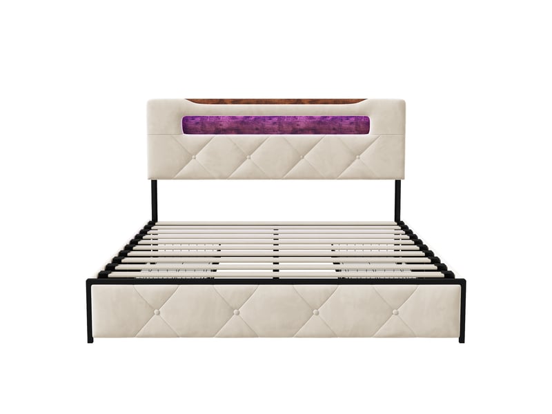  Lit 140x190 avec 4 tiroirs, lit double capitonné avec éclairage led &amp; ports usbtype-c, tête de lit avec rangement,  lit adulte en velours, beige  - Conforama D