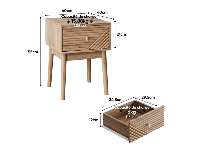  Table de chevet lot de 2 vintage scandinave chêne avec poignées en métal 40x40x55 cm  - Conforama C