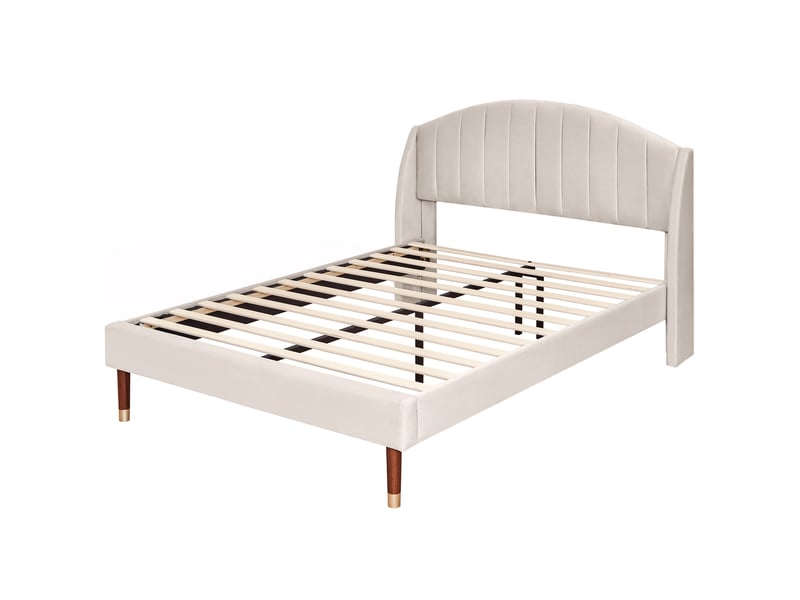  Lit 140x190 cm velours beige tête de lit lattes bois simple  - Conforama A