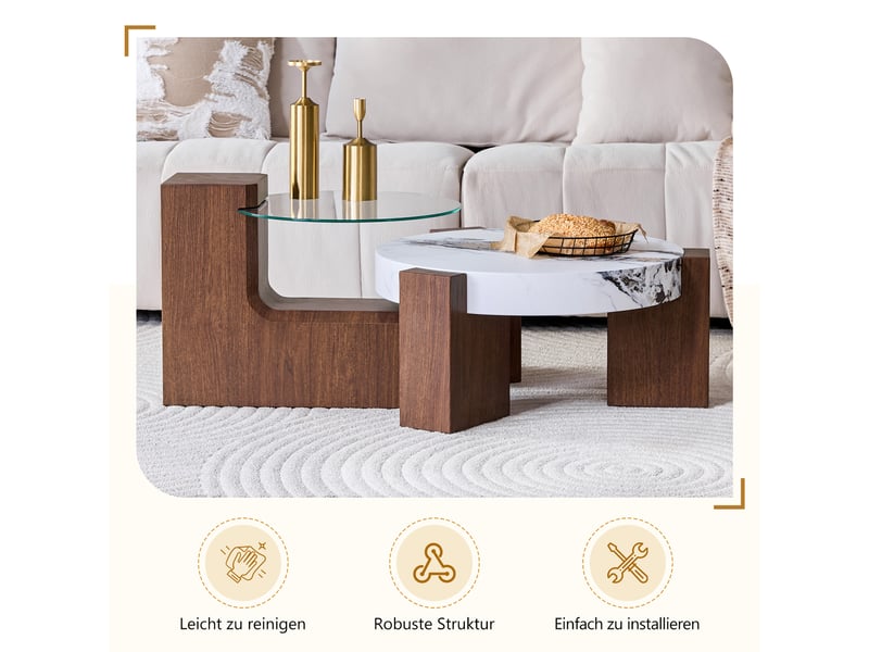  Table basse carré 61×61×30 cm, mdf et verre, blanc et noyer Fay Lum - Conforama E