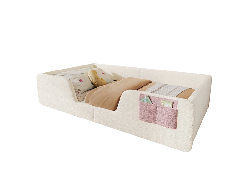  Lit rembourré pour enfant 90 x 190 cm – avec barrière de sécurité amovible – poche de rangement en tissu – revêtement en velours – beige (matelas non inclus)  - Conforama A