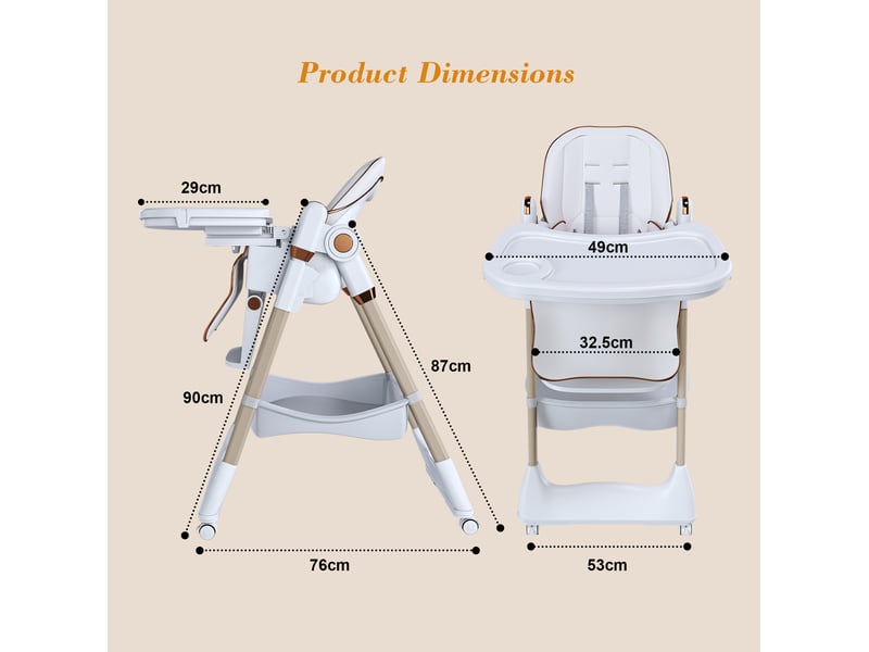  Chaise haute bébé pliable réglable 76x53x90 cm avec plateau amovible et harnais de sécurité blanche  - Conforama E