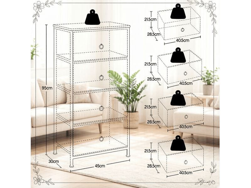  Meuble de rangement 4 tiroirs en tissu, métal et bois, motif floral, pour chambre et entrée, 45 × 30 × 94,5 cm  - Conforama E
