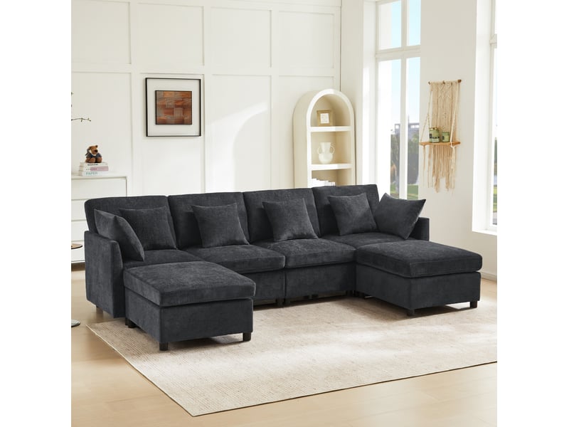  Canapé modulaire 6 places convertible en u et en l avec 2 poufs et 6 coussins en chenille gris 278 × 161 × 81 cm  - Conforama D