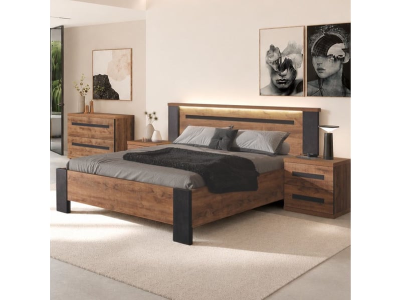  Lit 140x190cm aspect chêne artisan et graphite avec leds - andes ANDES - Conforama C