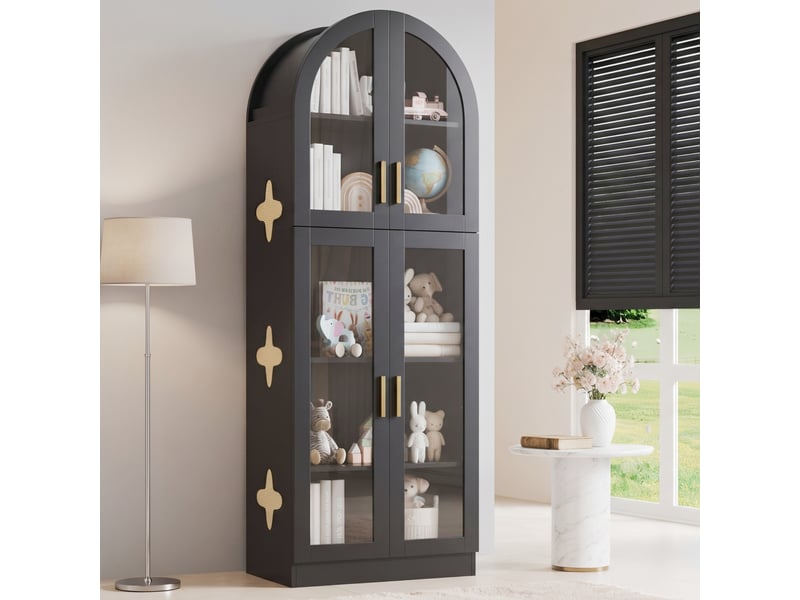  Vitrine noire avec portes en acrylique, 5 niveaux, 60 x 30 x 165 cm, mdf et décor cannage  - Conforama E