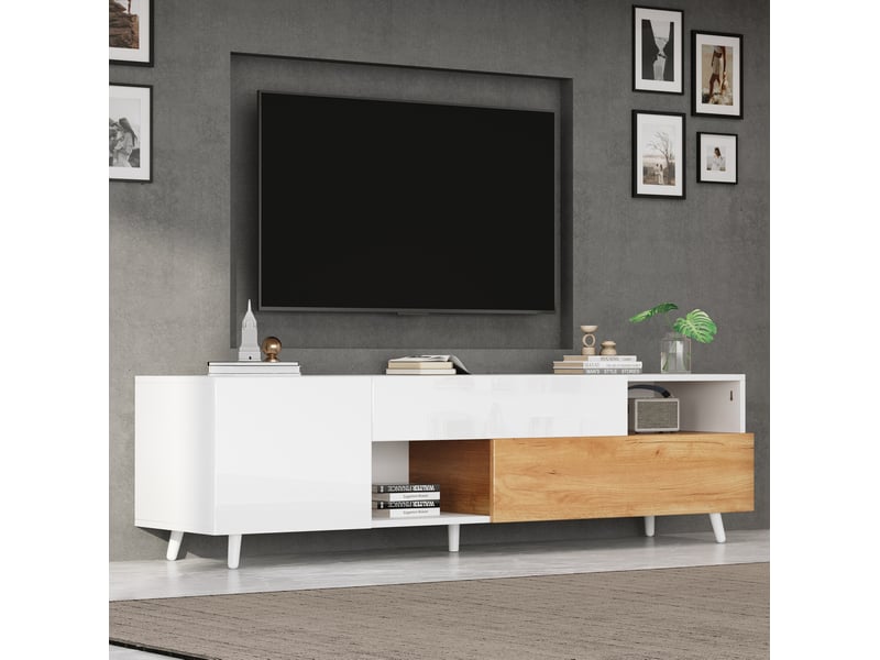  Meuble tv 180x38x50 cm – blanc et bois naturel – rangements intégrés pour écran jusqu'à 75 pouces  - Conforama D