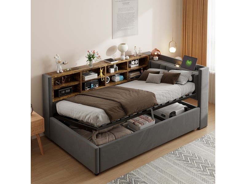  Lit banquette enfant 90 x 200 cm avec rangement hydraulique, veilleuse, usb et type-c, velours gris foncé Fay Lum - Conforama B
