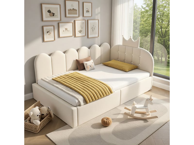  Canapé-lit pour enfant 90 x 200 cm, avec rangement hydraulique, en velours, beige  - Conforama B