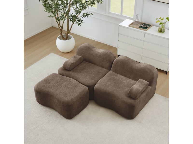  Canapé modulaire 2 pl 192x167x70 cm, pour salon, ottoman et coussin d'accoudoir déplaçable, forme ondoyante, velours, marron  - Conforama E