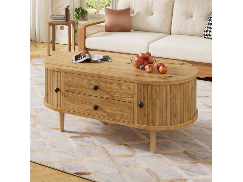 Table basse ovale avec 2 tiroirs et portes coulissantes, rangement fermé, style moderne rétro pour salon en mdf, chêne - Conforama D