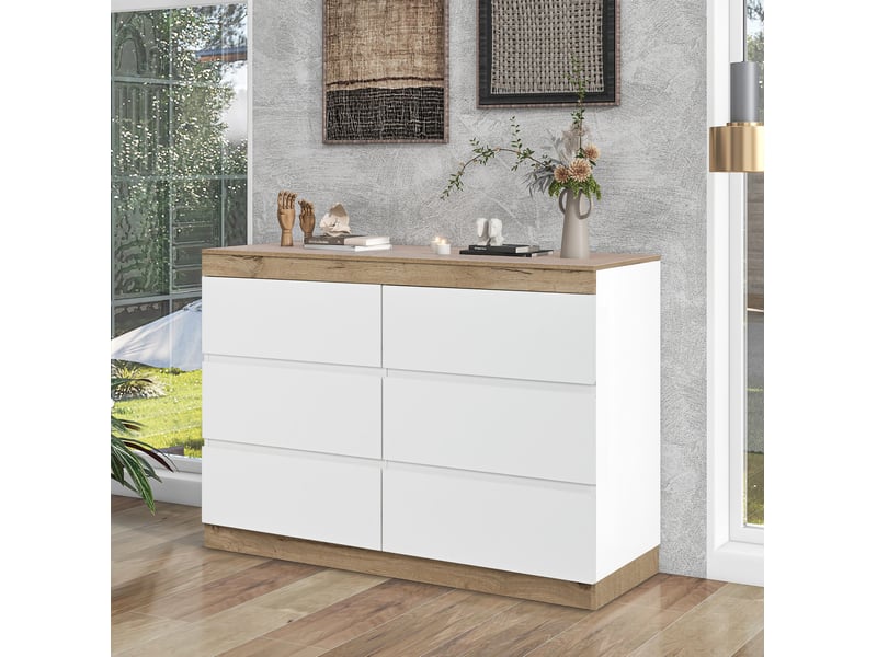  Commode 6 tiroirs 110x40x67,5 cm grand rangement, stabilité, montage facile, panneau de particules, blanc et chêne  - Conforama W