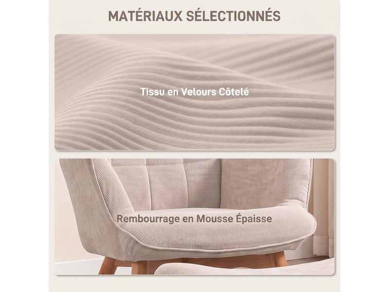  Fauteuil avec repose-pieds dossier haut en velours côtelé beige  - Conforama D