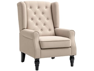 Fauteuil à oreilles style chesterfield dossier capitonné grand confort bois noir tissu beige
