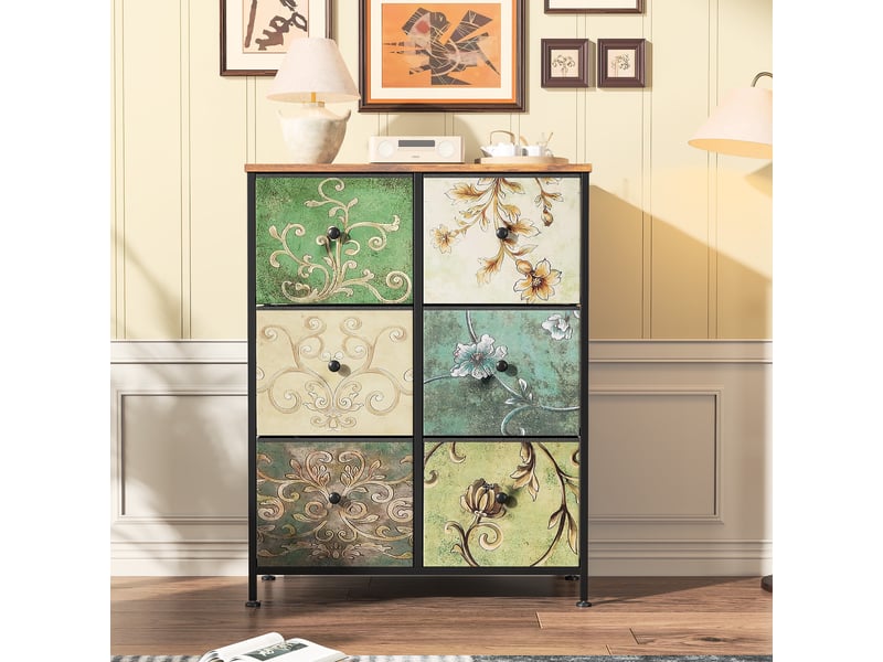  Commode à 6 tiroirs - 67,5x30x86,5 cm - meuble de rangement en tissu motif rétro impression florale, cadre métal - multicolor  - Conforama C