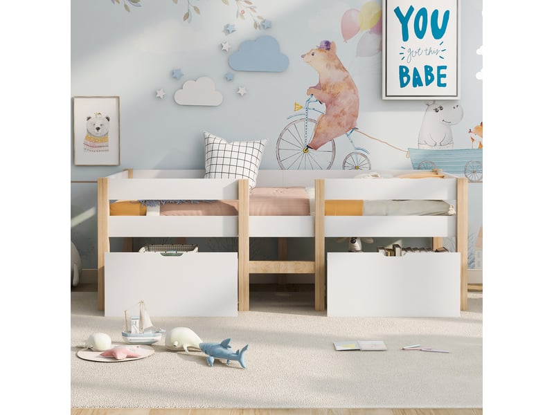  Lit enfant mi-hauteur 90x200 cm avec tiroirs, barrière et échelle, blanc et bois  - Conforama D