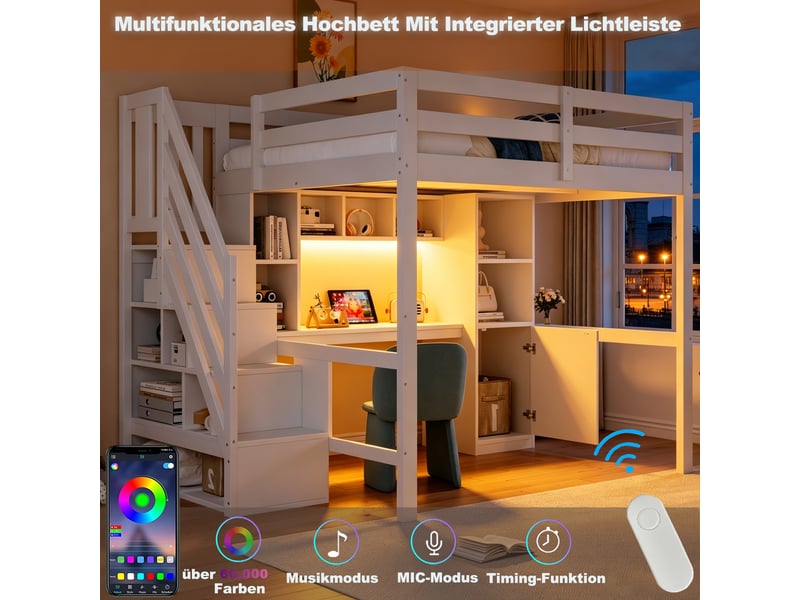 Lit mezzanine 140x200 blanc, bureau intégré, escalier avec rangements et éclairage led - Conforama B