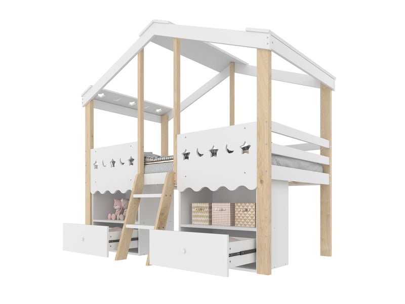  Lit mezzanine enfant en forme de cabane, 2 tiroirs et éclairage led, couchage 90 x 200 cm, blanc et bois naturel  - Conforama A