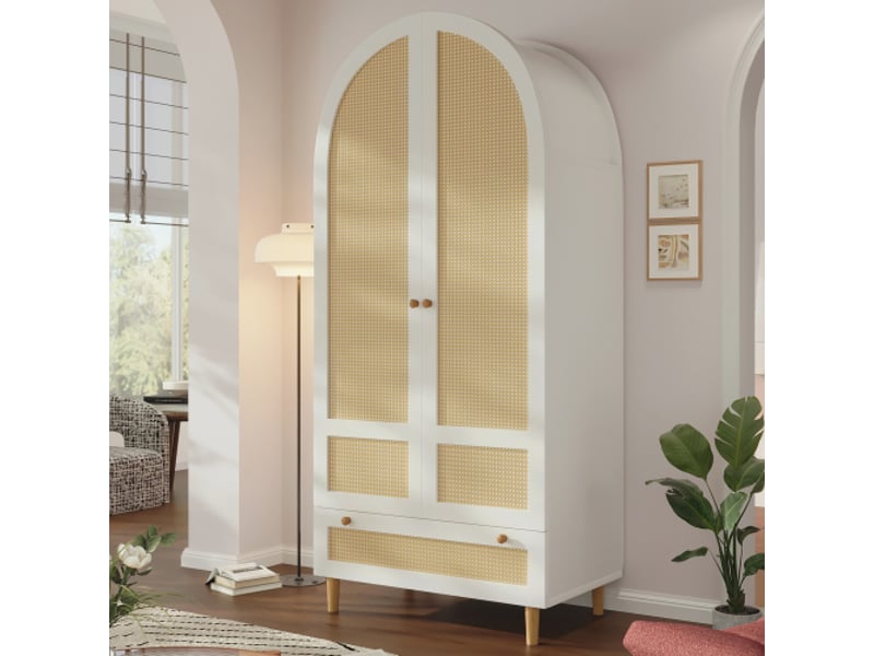  Placard bois aspect rattan blanc 80x50x180 cm - armoire à linge avec tringle et tiroir - chambre, enfant, couloir  - Conforama B