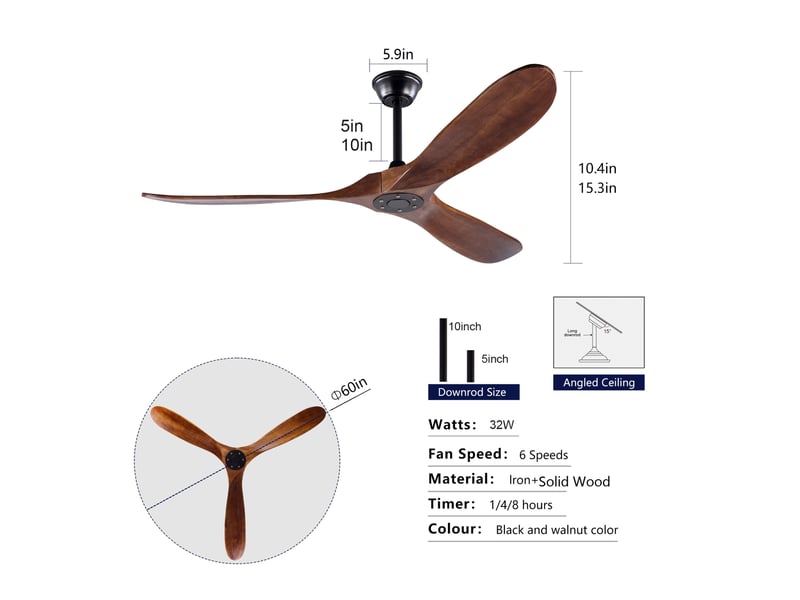 Ventilateur de plafond 152 cm – noir et noyer foncé – 6 vitesses, réversible, sans éclairage, télécommande incluse - Conforama C