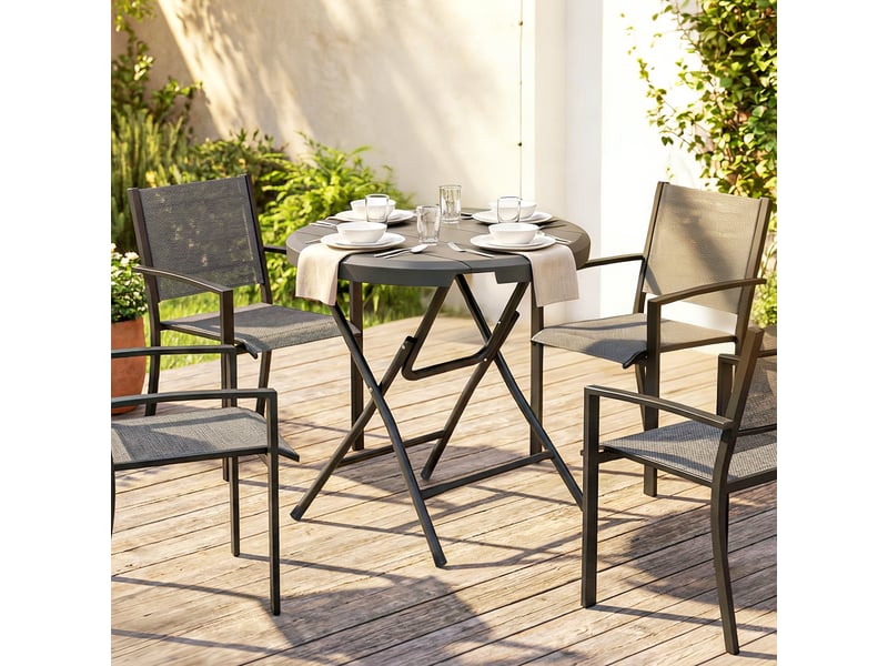 Table de jardin ronde et pliable pour 4 personnes, aspect bois, acier et plastique, gris foncé, 80 x 80 x 73 cm - Conforama C