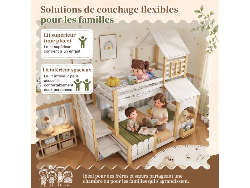  Lit superposé enfant 90x200+140x200 cm - échelle de rangement - avec baldaquin et protection antichute - blanc et naturel (sans matelas)  - Conforama R