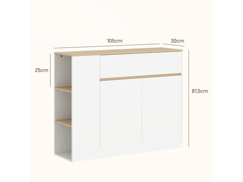  Buffet blanc 105x30x81,5 cm – tiroir, étagère réglable, système anti-basculement – meuble bas contemporain  - Conforama C