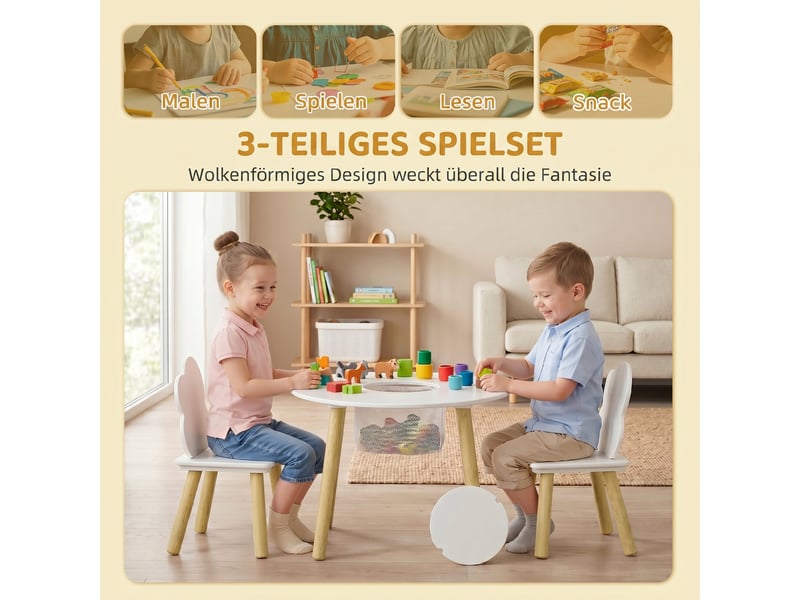  Table enfant avec chaises et rangement, ensemble de mobilier enfant 3 pièces blanc et naturel pour salles de jeux et chambres d'enfants  - Conforama E