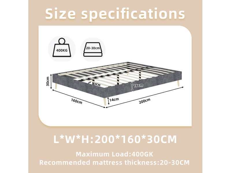 Lit adulte 160 × 200 cm 2 places en velours gris, structure basse, sans matelas, style moderne - Conforama D