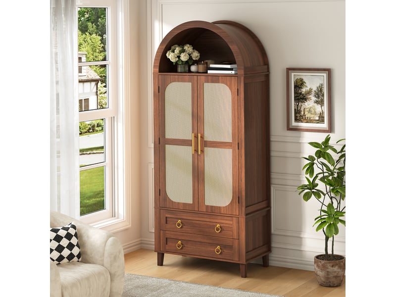  Buffet haut ulevr avec rangement, led pilotée par application, 76 x 40 x 179,5 cm, mdf et panneaux de particules, noyer  - Conforama D