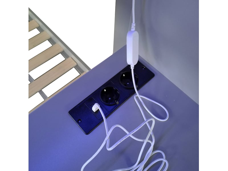 Lit superposé enfant 2 places 90x200 cm gris avec bureau, escalier de rangement, led et prise, sans matelas - Conforama D