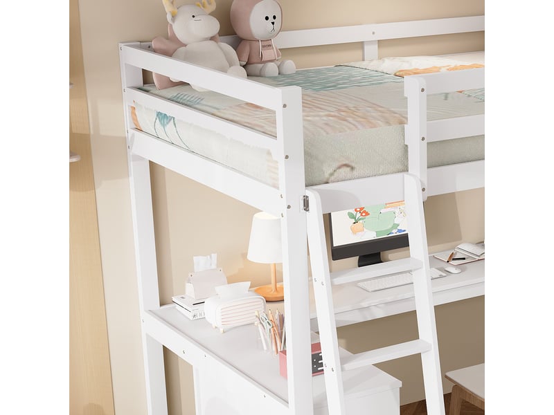  Lit mezzanine enfant 90x200 cm avec rangement, tablette d’angle, échelle inclinée, bois et mdf, blanc sans matelas  - Conforama E