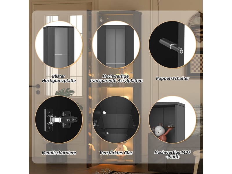  Vitrine noire avec 4 niveaux, éclairage led multicolore piloté par application, 40 x 29 x 170 cm  - Conforama R