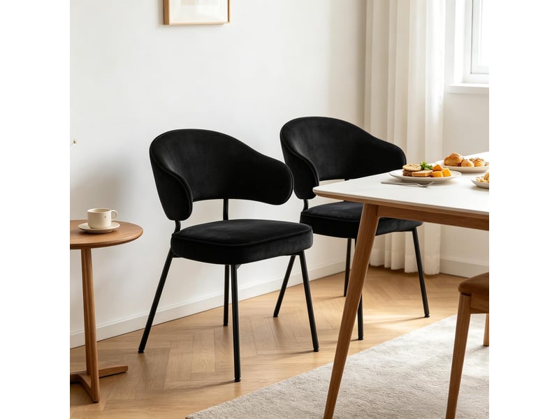  Chaise de salle à manger lot de 2 avec accoudoirs et dossier incurvé  - velours métal noir  - Conforama C