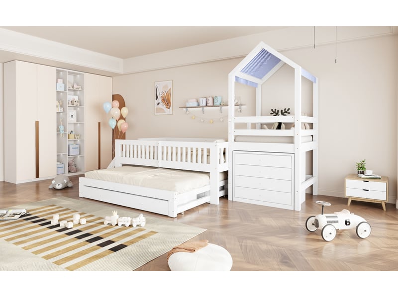  Lit enfant 90x200 avec lit gigogne 90x190 structure en bois massif blanc avec tiroirs et escalier et auvent Sol Morn - Conforama E