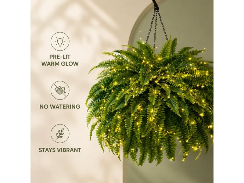  Fougère artificielle suspendue avec lumières led, 88 feuilles, effet boston, éclairage blanc chaud pour extérieur et intérieur  - Conforama C