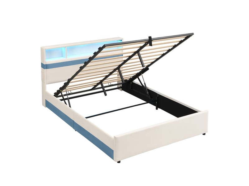  Lit coffre 140x200 cm, lit double en velours blanc et bleu avec led et ports usb, sans matelas  - Conforama E