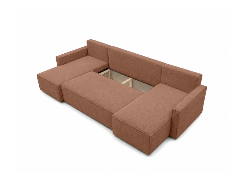  Farah - canapé d'angle panoramique convertible 6 places accoudoirs slim en tissu bouclettes texturées  - Conforama D