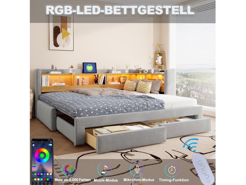 Lit banquette extensible 90x200 cm en velours gris et beige, couchage 180x200 cm, rangements et led, sans matelas - Conforama D