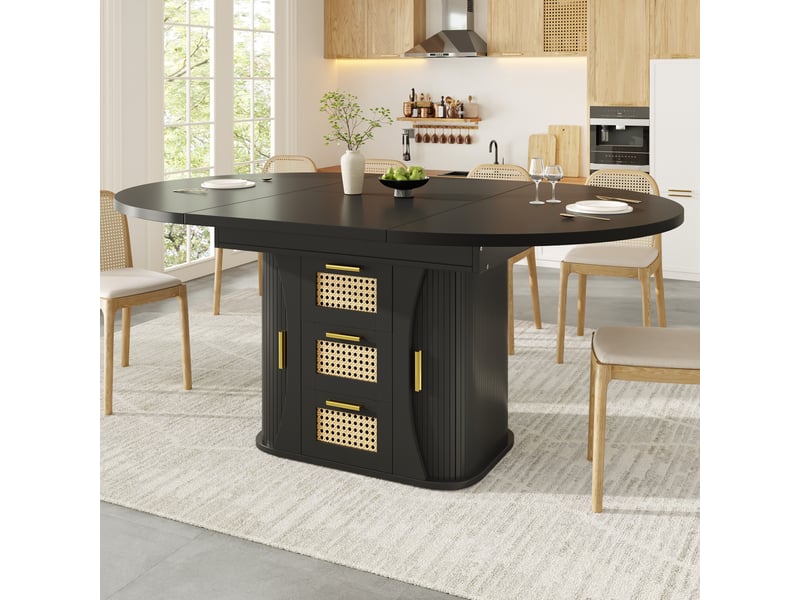  Table de salle à manger extensible 118-158x118x77,1 cm avec rangement intégré, tiroirs rotin et finition bois, mdf, noir Sol Morn - Conforama B