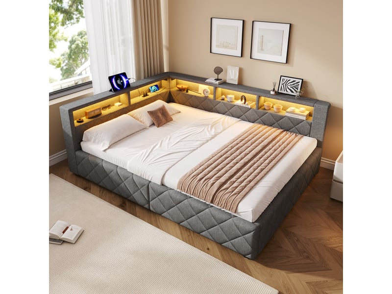  Canapé-lit coffre 140 x 200 cm - avec bande lumineuse led - avec port usb - gris (matelas non inclus)  - Conforama B