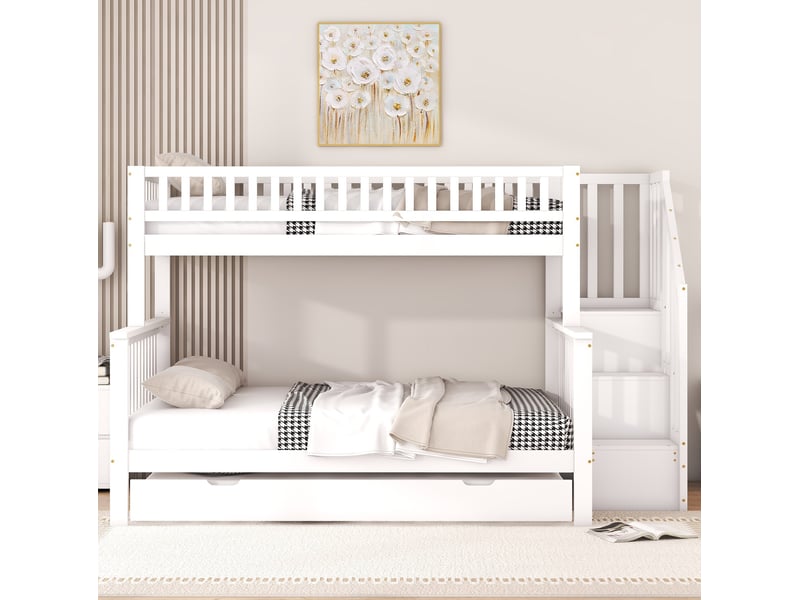  Lit superposé enfant blanc 90x200 et 140x200 cm avec sommiers et lit gigogne  - Conforama D