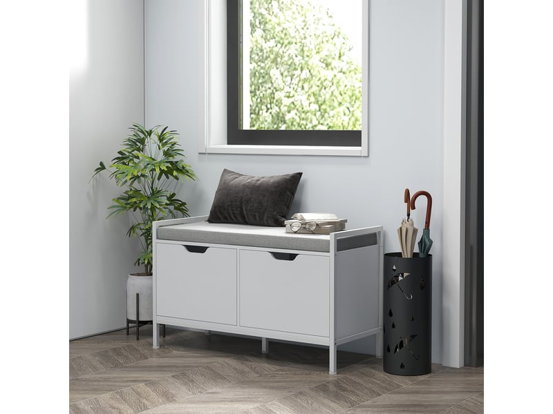  Banc meuble à chaussures, 2 placards, meuble d'entrée avec coussin rembourrée, 84l x 35p x 50h cm, blanc  - Conforama C