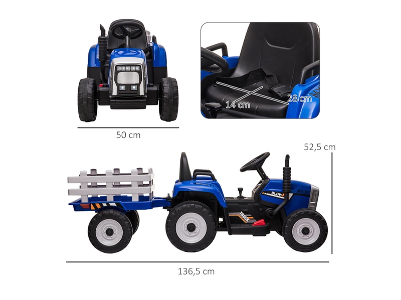 Voiture électrique pour enfants avec remorque, télécommande, phares, vitesse de 3 à 6 kmh, pour les enfants de 3 à 6 ans, bleue - Conforama E