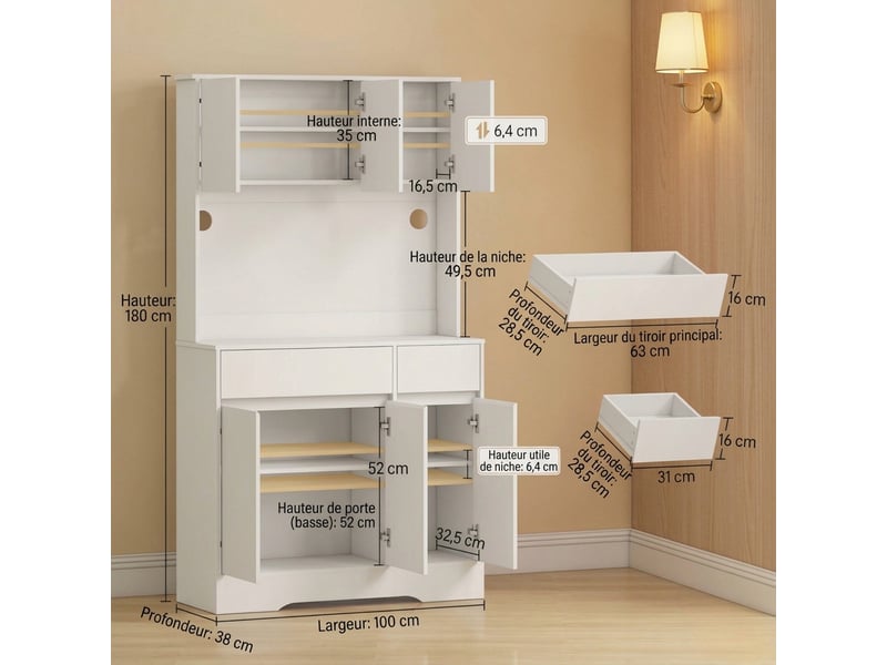  Buffet de cuisine haut 100x38x180 cm avec led rgb, 6 portes, 2 tiroirs et plan de travail  - Conforama C