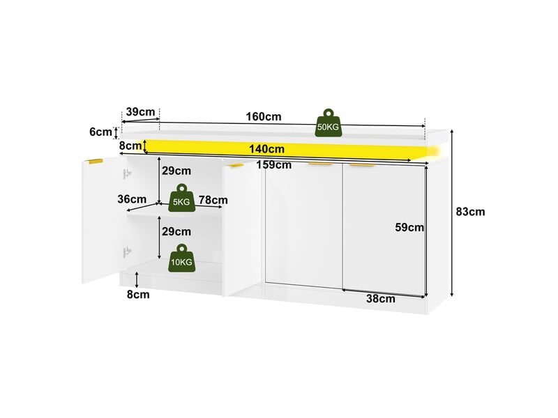 Buffet avec rangement ouvert et éclairage led rgb pour cuisine en mdf 160×39×83 cm blanc  - Conforama E