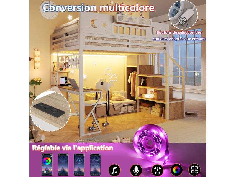 Lit mezzanine enfant 140x200cm avec bureau, panneau perforé pegboard, étagères, led, prises usb et pieds en k, métal blanc evarich - Conforama D