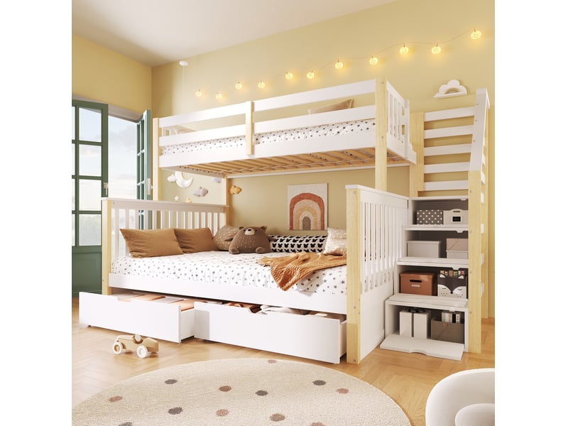  Modenvie lit superposé 90x200 + 140x200 cm - avec tiroirs de rangement, sans matelas - bicolore  - Conforama E